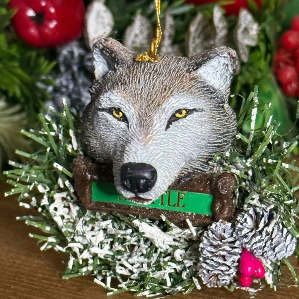 Wolf Christmas Ornament with Seattle Sign Made in USA Artisans
